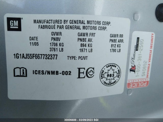 Chevrolet COBALT LS 2006 1G1AJ55F467770156 Image 10