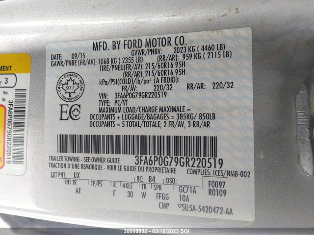 30008852 :رقم المزاد ، 3FA6P0G79GR220519 vin ، 2016 Ford Fusion S مزاد بيع