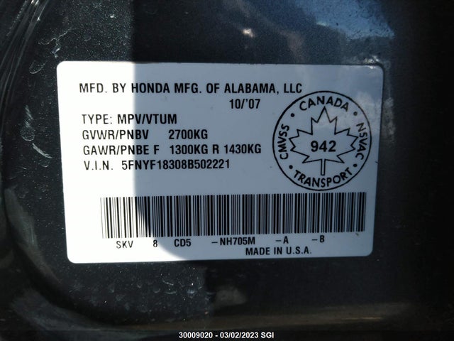 Honda PILOT SE 2008 5FNYF18308B502221 Image 10