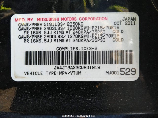 JA4JT3AX3CU601919 Mitsubishi Outlander Se