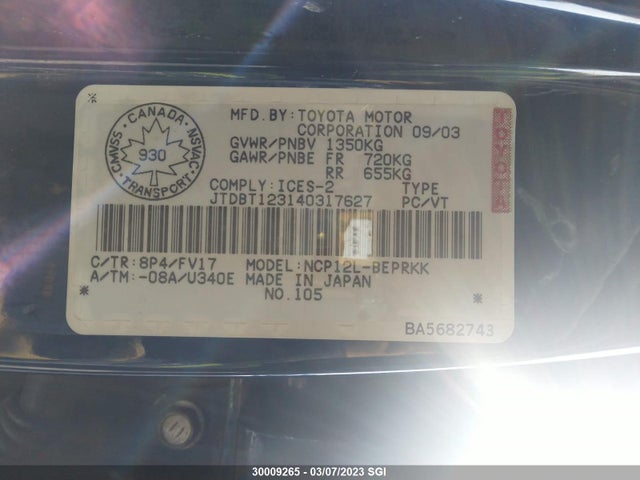Toyota Echo 2004 JTDBT123140317627 Image 10
