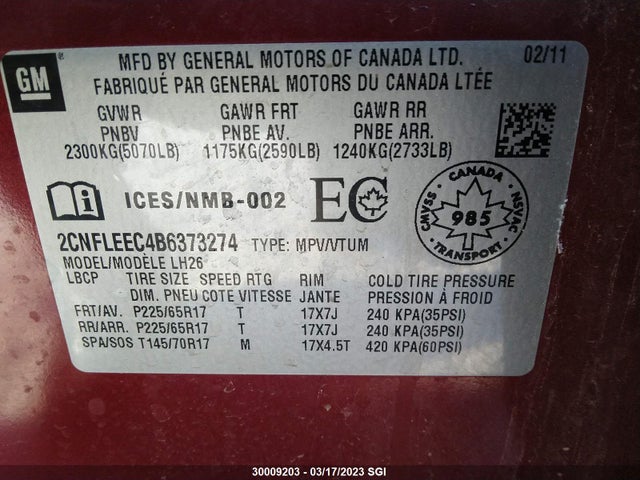 Chevrolet EQUINOX LT 2011 2CNFLEEC4B6373274 Image 9