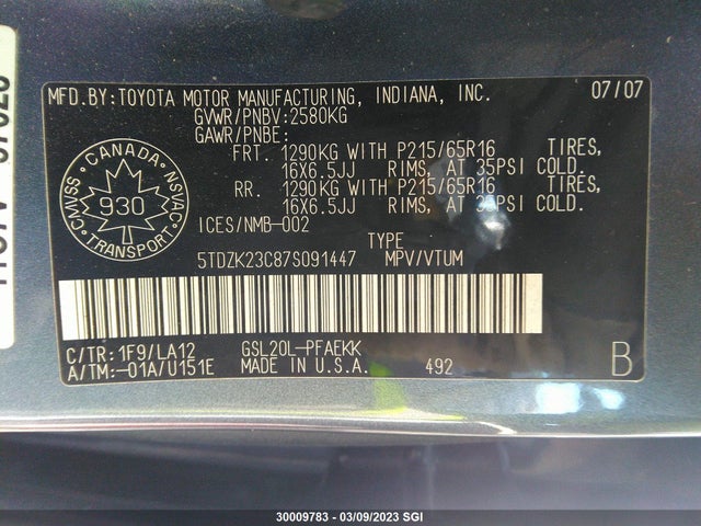 Toyota Sienna Ce/le 2007 5TDZK23C87S091447 Image 10