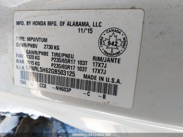 Honda ODYSSEY EXL 2016 5FNRL5H62GB503125 Image 9