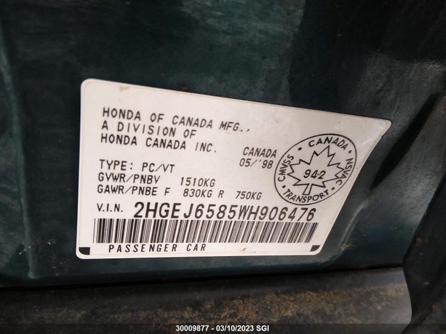 1998 Honda Civic Ex მანქანა იყიდება აუქციონზე, vin: 2HGEJ6585WH906476, აუქციონის ნომერი: 30009877