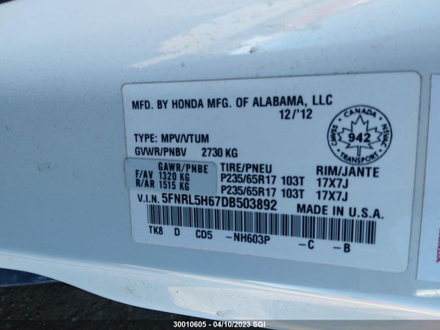 Продаж на аукціоні авто 2013 Honda Odyssey Exl, vin: 5FNRL5H67DB503892, номер лоту: 30010605
