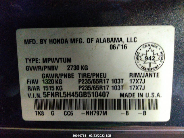Honda ODYSSEY EX 2016 5FNRL5H45GB510407 Image 10