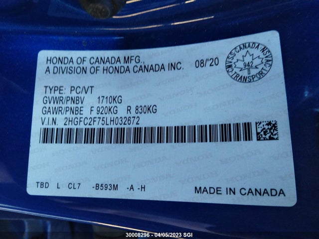 Honda CIVIC EX 2020 2HGFC2F75LH032672 Image 9
