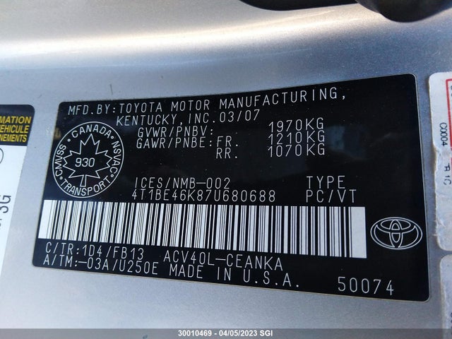Aukcja sprzedaży 2007 Toyota Camry New Generation, vin: 4T1BE46K87U680688, numer aukcji: 30010469