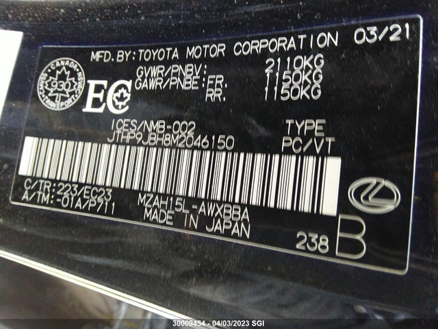 JTHP9JBH8M2046150 Lexus UX 250H