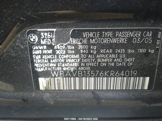 30011866 :رقم المزاد ، WBAVB13576KR64019 vin ، 2006 Bmw 325 I مزاد بيع