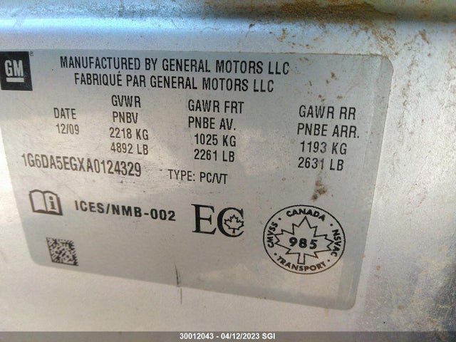 30012043 :رقم المزاد ، 1G6DA5EGXA0124329 vin ، 2010 Cadillac Cts مزاد بيع