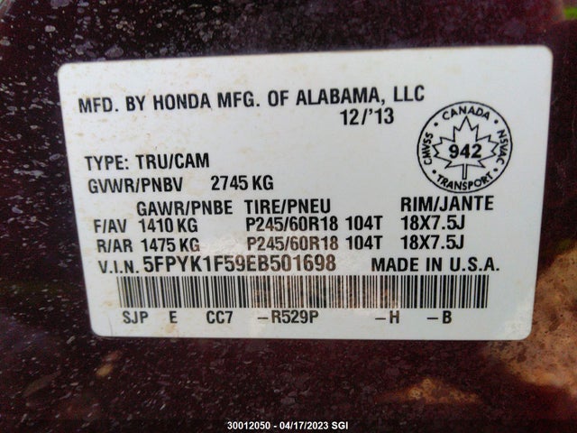 Honda Ridgeline Rtl 2014 5FPYK1F59EB501698 Image 9