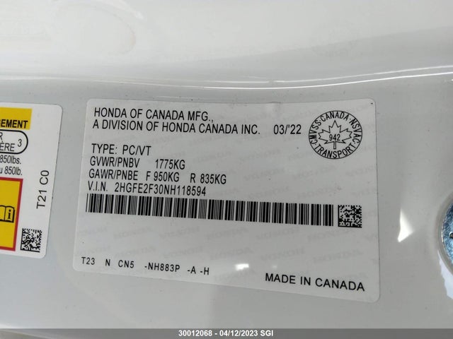 Honda CIVIC EX 2022 2HGFE2F30NH118594 Image 10