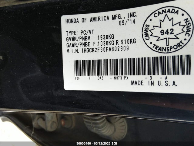 Honda ACCORD LX 2015 1HGCR2F30FA802309 Image 9