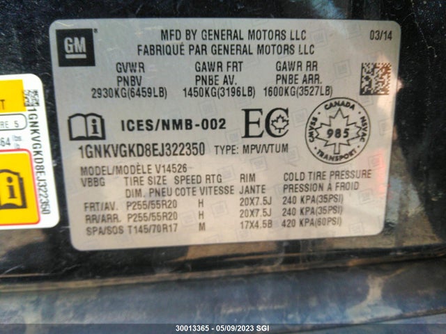 Chevrolet Traverse Lt 2014 1GNKVGKD8EJ322350 Image 9