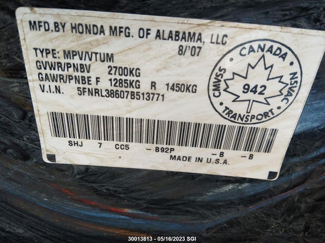 2007 Honda Odyssey Exl მანქანა იყიდება აუქციონზე, vin: 5FNRL38607B513771, აუქციონის ნომერი: 30013813