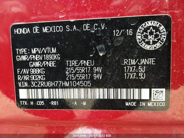 Honda Hr-v Exl 2017 3CZRU6H77HM104505 Image 9