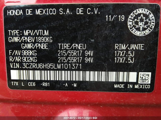 Honda Hr-v Touring 2020 3CZRU6H95LM101371 Image 10