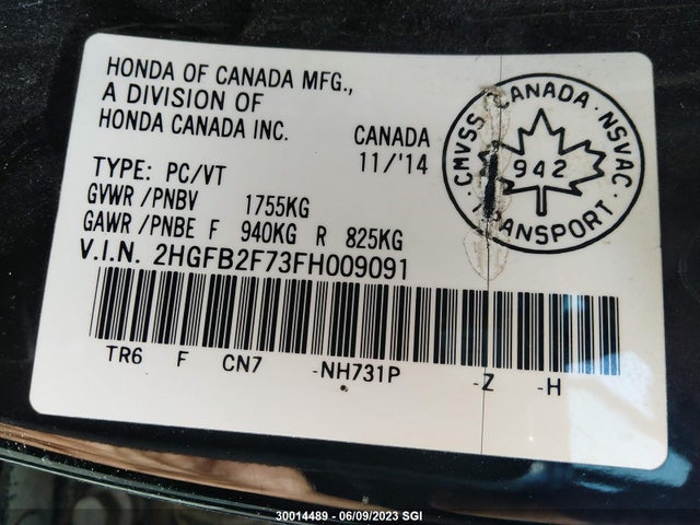 Honda CIVIC SE 2015 2HGFB2F73FH009091 Image 10