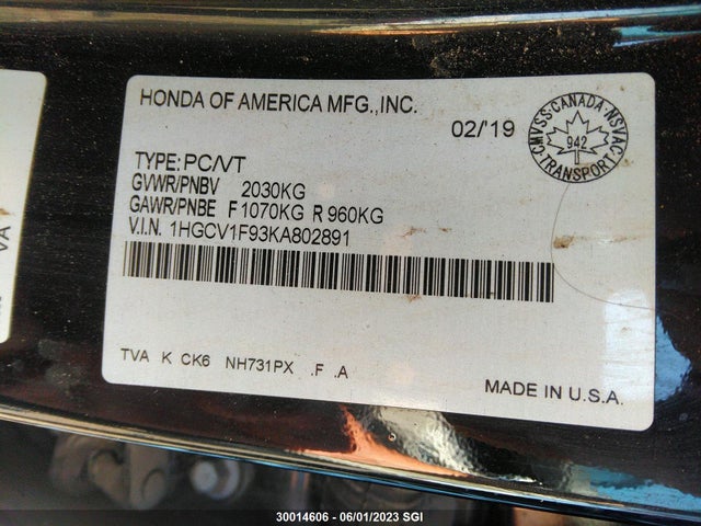 Honda Accord Touring 2019 1HGCV1F93KA802891 Image 9