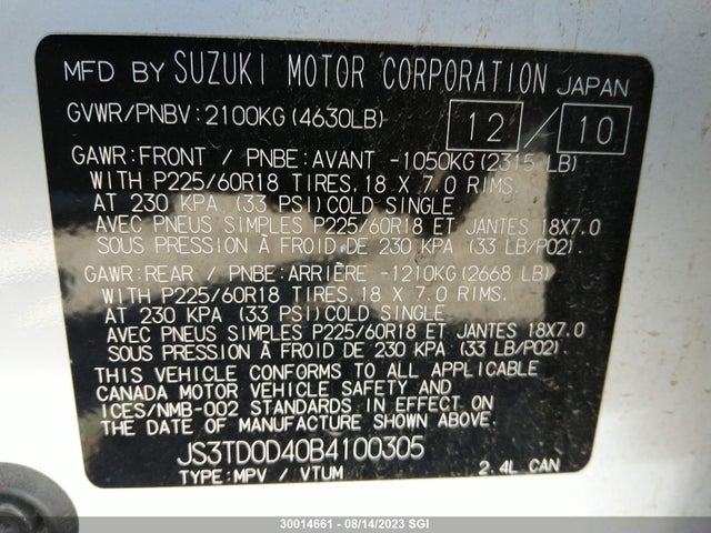 Продажа на аукционе авто 2011 Suzuki Grand Vitara Xsport, vin: JS3TD0D40B4100305, номер лота: 30014661