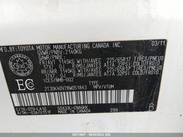 2011 Toyota Rav4 Limited მანქანა იყიდება აუქციონზე, vin: 2T3DK4DV7BW051843, აუქციონის ნომერი: 30015867