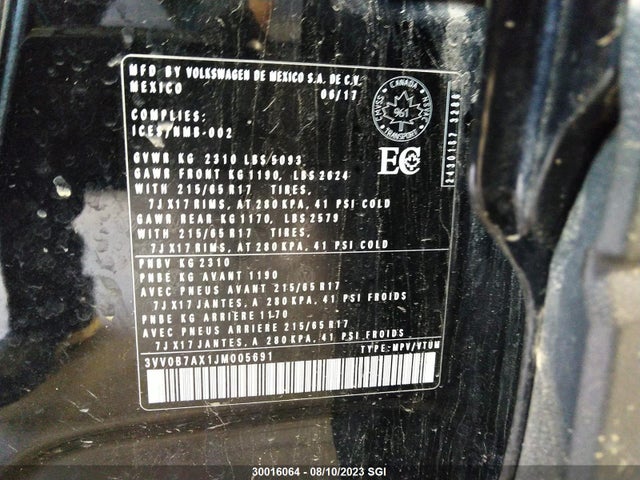3VV0B7AX1JM005691 Volkswagen TIGUAN S