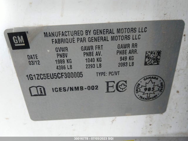 Aukcja sprzedaży 2012 Chevrolet Malibu 1lt, vin: 1G1ZC5EU5CF300005, numer aukcji: 30016778