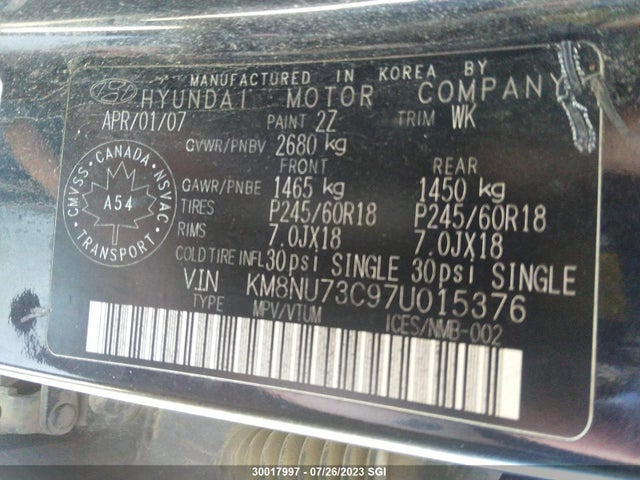 Продаж на аукціоні авто 2007 Hyundai Veracruz Gls/se/limited, vin: KM8NU73C97U015376, номер лоту: 30017997