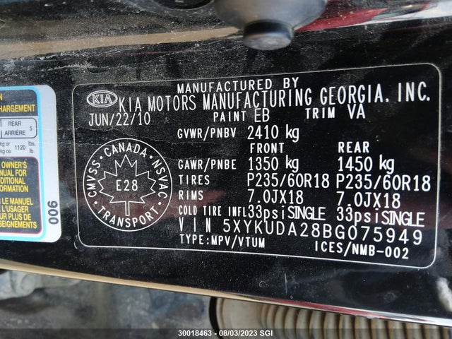 30018463 :رقم المزاد ، 5XYKUDA28BG075949 vin ، 2011 Kia Sorento Ex مزاد بيع