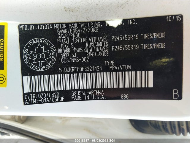 Toyota Highlander Xle 2015 5TDJKRFH0FS221121 Image 10