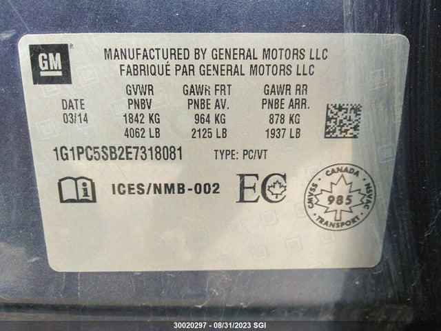 30020297 :رقم المزاد ، 1G1PC5SB2E7318081 vin ، 2014 Chevrolet Cruze Lt مزاد بيع