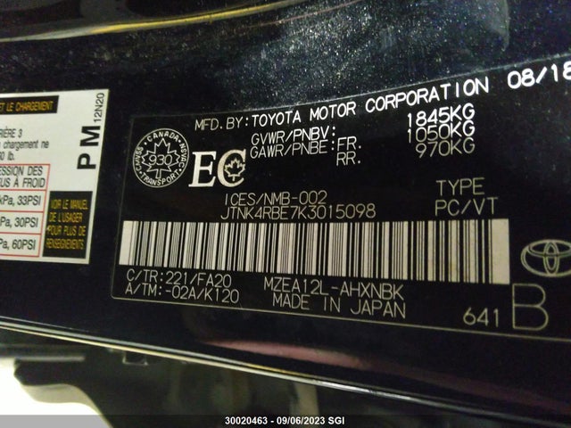 30020463 :رقم المزاد ، JTNK4RBE7K3015098 vin ، 2019 Toyota Corolla Se/xse مزاد بيع