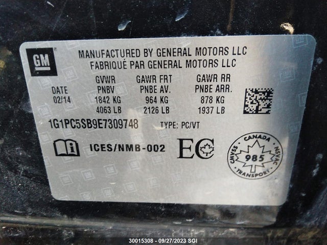 Chevrolet CRUZE LT 2014 1G1PC5SB9E7309748 Image 9
