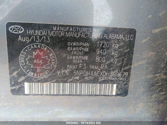 Aukcja sprzedaży 2013 Hyundai Elantra Gls/limited, vin: 5NPDH4AEXDH399679, numer aukcji: 30020682
