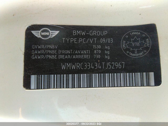 Aukcja sprzedaży 2004 Mini Cooper Hardtop, vin: WMWRC33434TJ52967, numer aukcji: 30020377