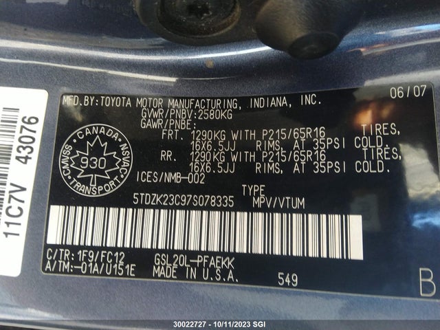 2007 Toyota Sienna Ce/le მანქანა იყიდება აუქციონზე, vin: 5TDZK23C97S078335, აუქციონის ნომერი: 30022727