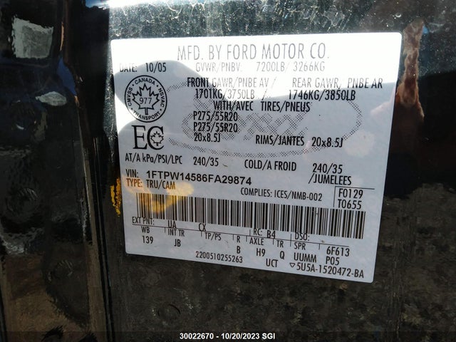 Aukcja sprzedaży 2006 Ford F-150 Xlt/fx4/lariat, vin: 1FTPW14586FA29874, numer aukcji: 30022670