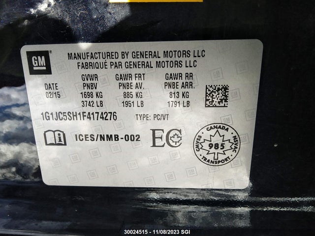 Chevrolet SONIC LT 2015 1G1JC5SH1F4174276 Image 9