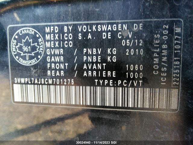 Aukcja sprzedaży 2012 Volkswagen Jetta Tdi, vin: 3VWPL7AJ8CM701275, numer aukcji: 30024940