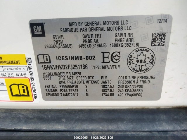 30025065 :رقم المزاد ، 1GNKVHKD2FJ251136 vin ، 2015 Chevrolet Traverse Lt مزاد بيع