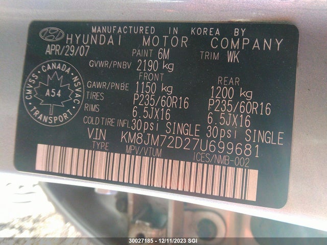 2007 Hyundai Tucson Gl/gls მანქანა იყიდება აუქციონზე, vin: KM8JM72D27U699681, აუქციონის ნომერი: 30027185