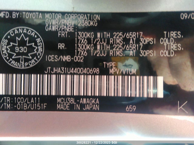 30028221 :رقم المزاد ، JTJHA31U440040698 vin ، 2004 Lexus Rx 330 مزاد بيع