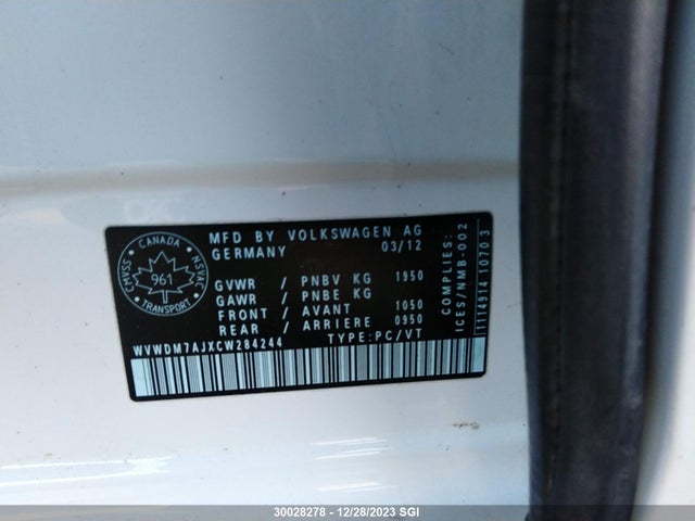 Aukcja sprzedaży 2012 Volkswagen Golf, vin: WVWDM7AJXCW284244, numer aukcji: 30028278