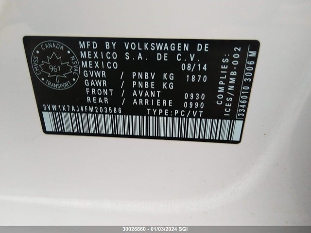 3VW1K7AJ4FM203586 Volkswagen JETTA S