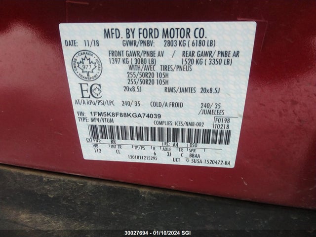 Продажа на аукционе авто 2019 Ford Explorer Limited, vin: 1FM5K8F88KGA74039, номер лота: 30027694
