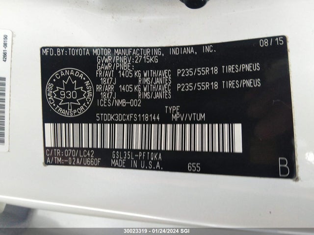 Aukcja sprzedaży 2015 Toyota Sienna Xle, vin: 5TDDK3DCXFS118144, numer aukcji: 30023319