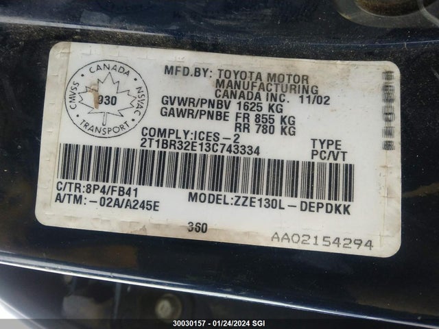 Продаж на аукціоні авто 2003 Toyota Corolla Ce/le/s, vin: 2T1BR32E13C743334, номер лоту: 30030157