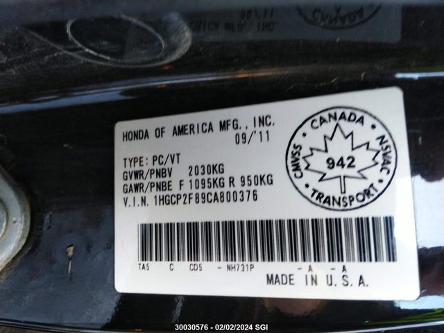 2012 Honda Accord Exl მანქანა იყიდება აუქციონზე, vin: 1HGCP2F89CA800376, აუქციონის ნომერი: 30030576